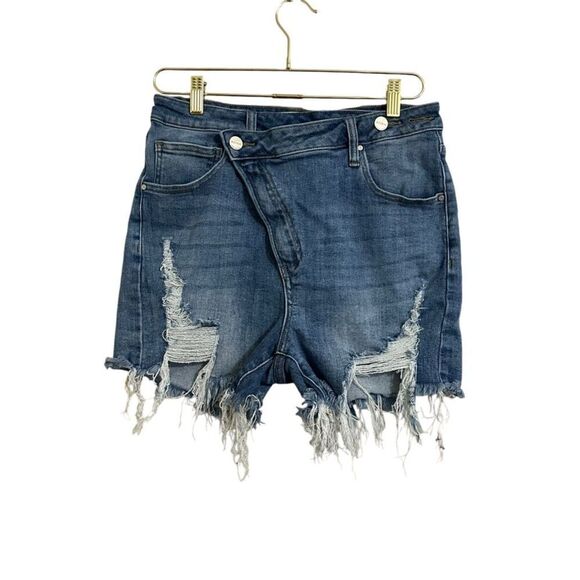 Risen‎ Taylor High Rise Crossover Waist Destroyed Denim Shorts Women's XL Blue - Picture 1 of 9